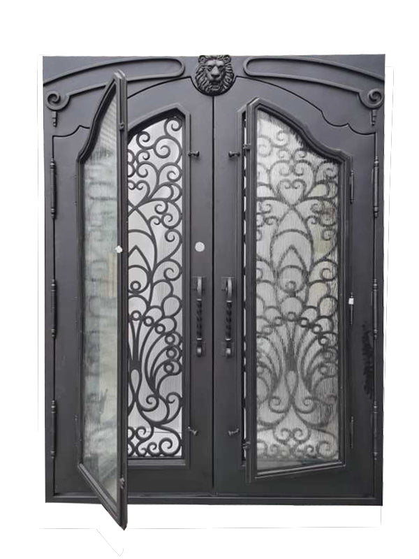 Parker Model Double Front Entry Iron Door With Tempered Rain Glass Dark Bronze Finish - AAWAIZ IMPORTS