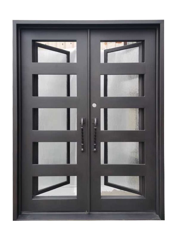 Reno Model Double Front Entry Iron Door With Tempered Rain Glass Dark Bronze Finish - AAWAIZ IMPORTS