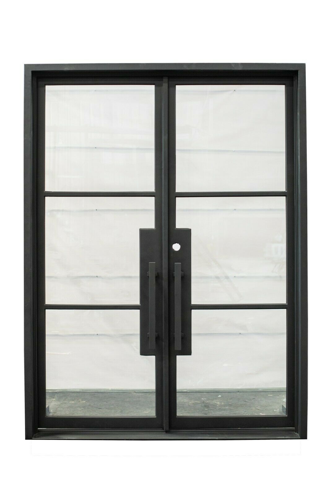 Hico Model Double Front Entry Iron Door With Tempered Low E Clear Glass Matt Black Finish