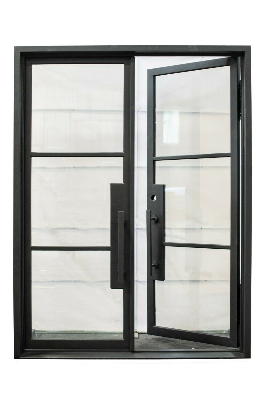 Hico Model Double Front Entry Iron Door With Tempered Low E Clear Glass Matt Black Finish