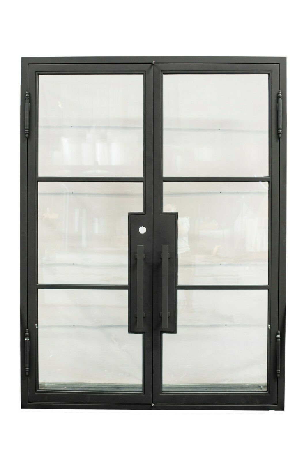 Hico Model Double Front Entry Iron Door With Tempered Low E Clear Glass Matt Black Finish