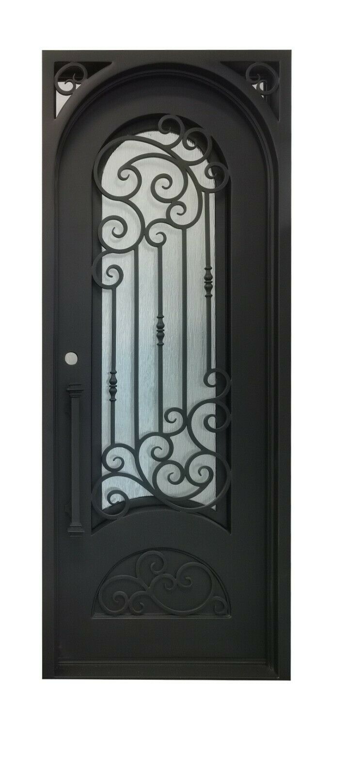 Conroe Model Pre Hung Single Front Entry Wrought Iron Door With Rain Glass Dark Bronze Finish