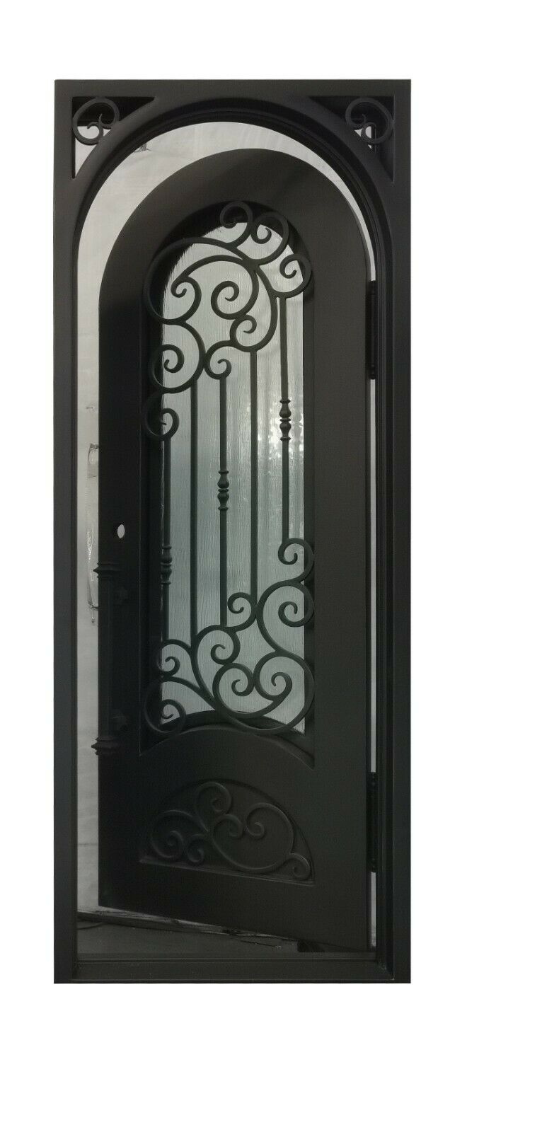 Conroe Model Pre Hung Single Front Entry Wrought Iron Door With Rain Glass Dark Bronze Finish