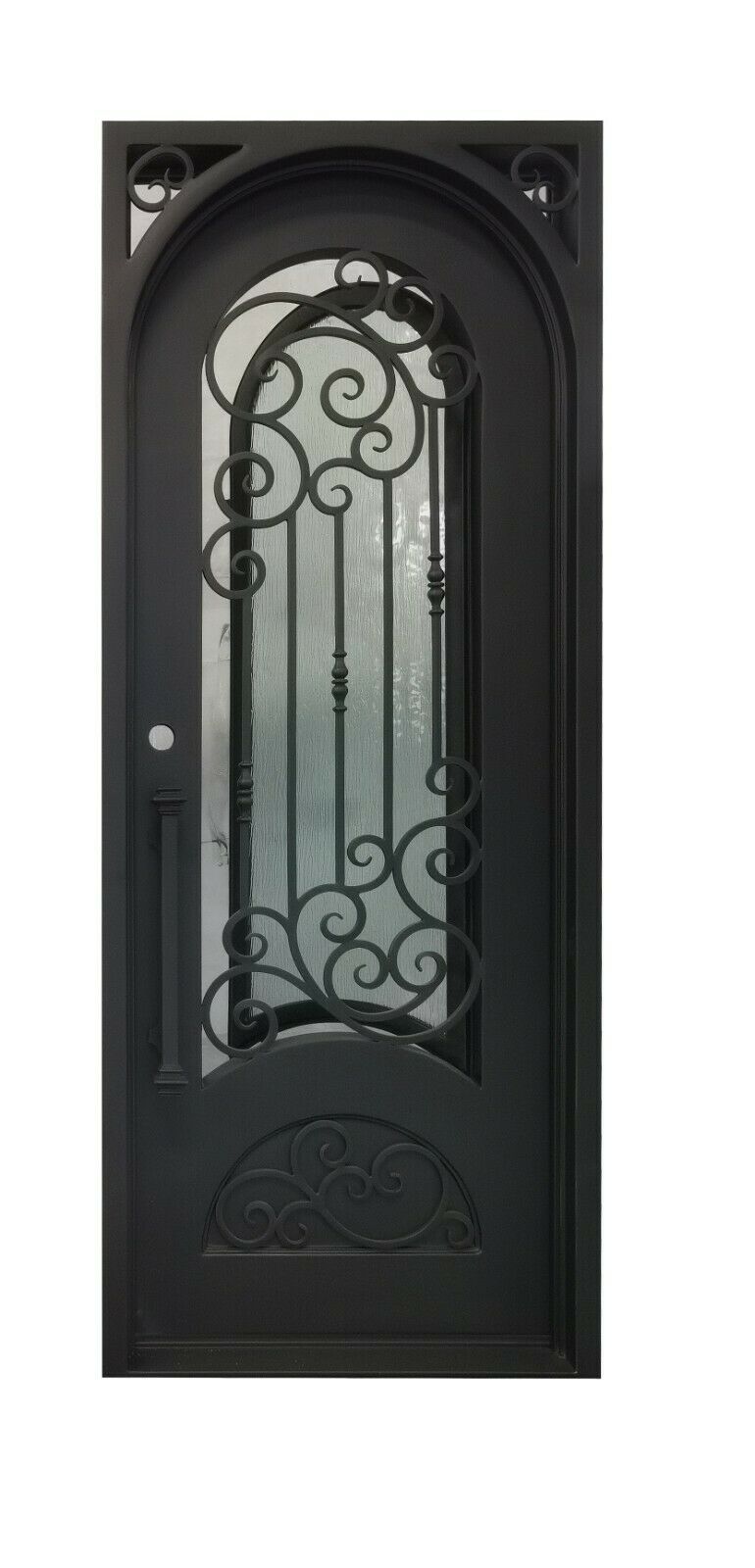 Conroe Model Pre Hung Single Front Entry Wrought Iron Door With Rain Glass Dark Bronze Finish
