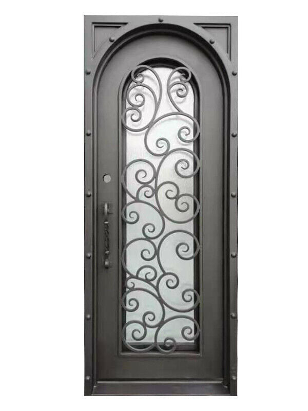 Hudson Model Pre Hung Single Front Entry Wrought Iron Door With Rain Glass Dark Bronze Finish