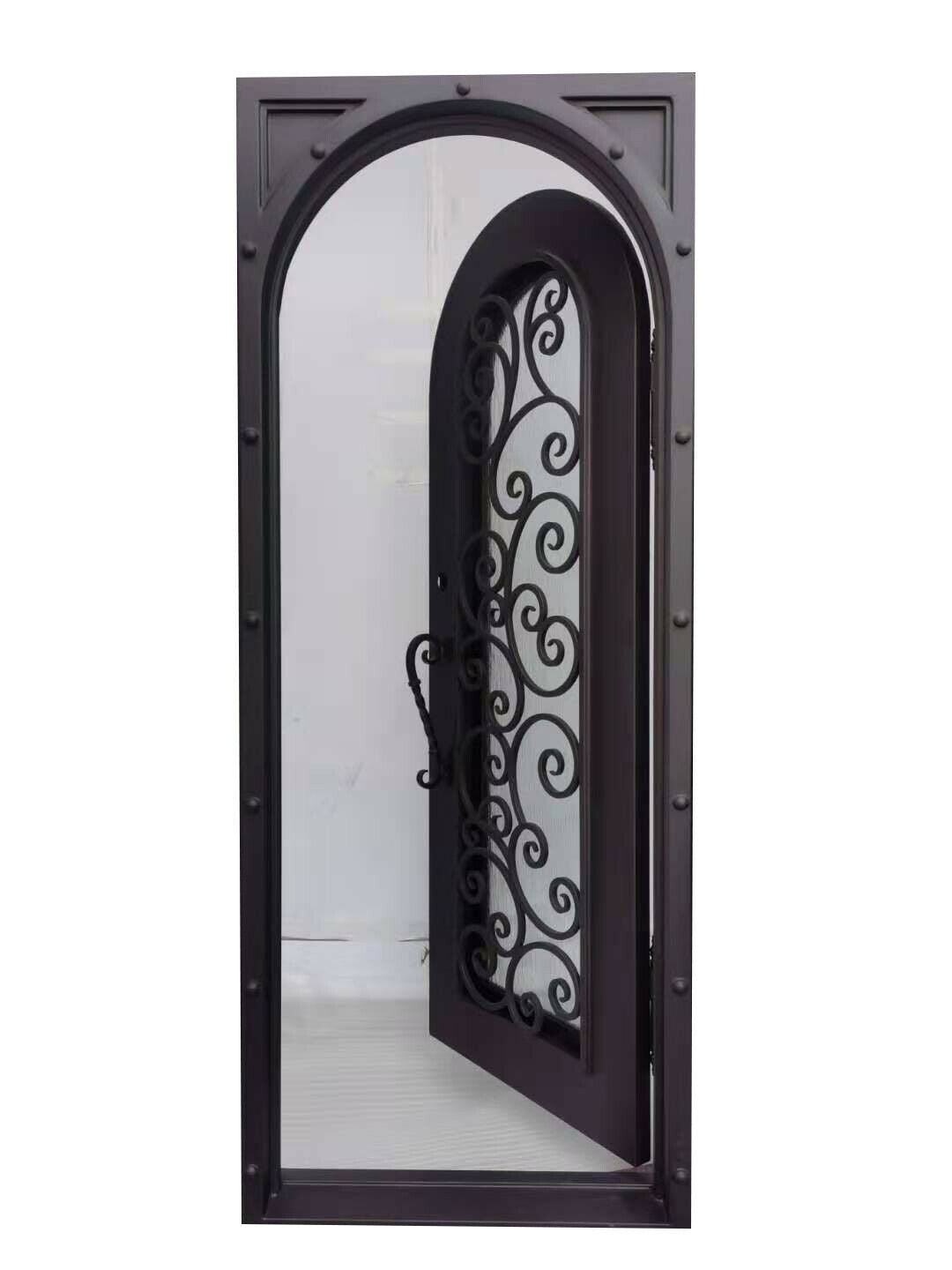 Hudson Model Pre Hung Single Front Entry Wrought Iron Door With Rain Glass Dark Bronze Finish