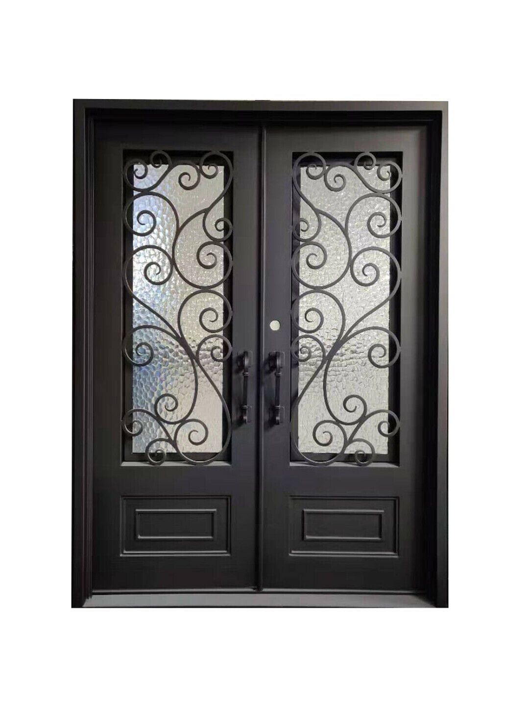 Abbott Model Double Front Entry Iron Door With Tempered Water Cube Glass Dark Bronze Finish - AAWAIZ IMPORTS