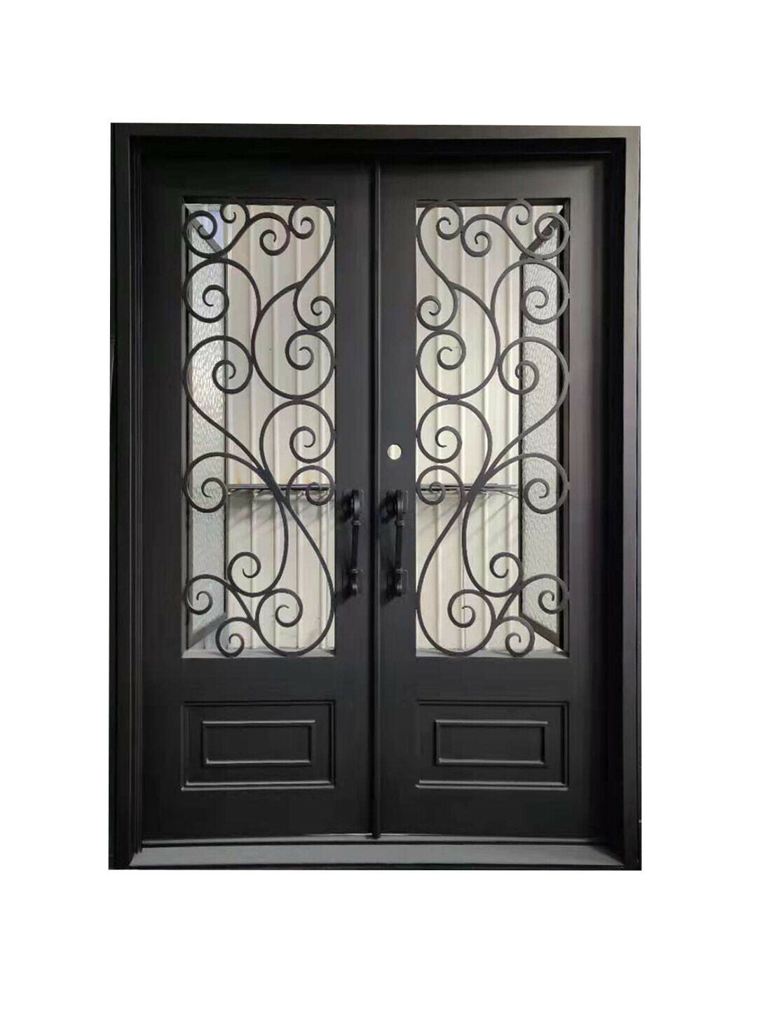 Abbott Model Double Front Entry Iron Door With Tempered Water Cube Glass Dark Bronze Finish - AAWAIZ IMPORTS