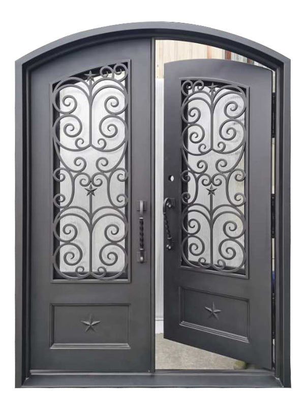 Harris Model Double Front Entry Iron Door With Tempered Rain Glass Dark Bronze Finish - AAWAIZ IMPORTS