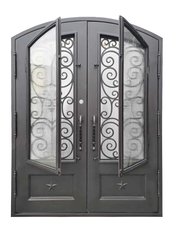 Harris Model Double Front Entry Iron Door With Tempered Rain Glass Dark Bronze Finish - AAWAIZ IMPORTS